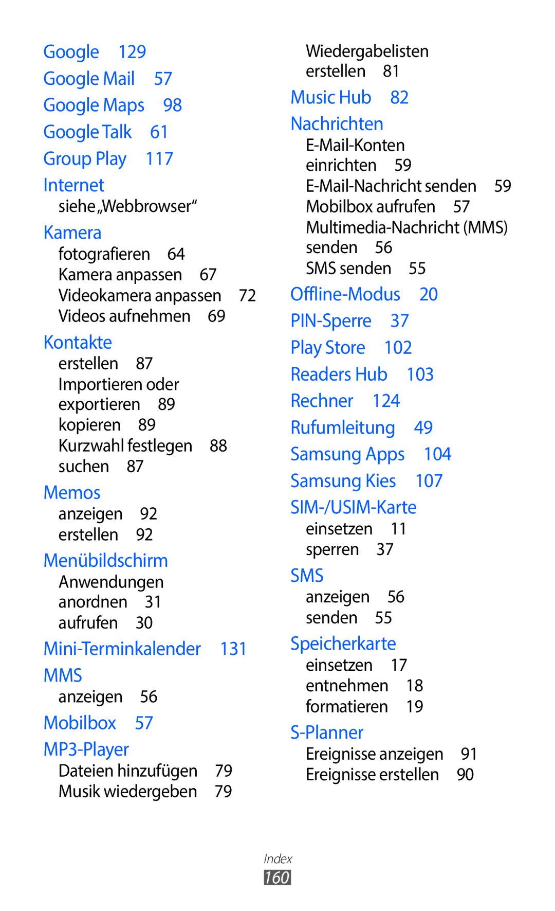 Samsung GT-I9100RWAVIA, GT-I9100LKAXSP, GT-I9100LKAVIA manual Siehe„Webbrowser, Anzeigen , SMS senden , Formatieren , 160 